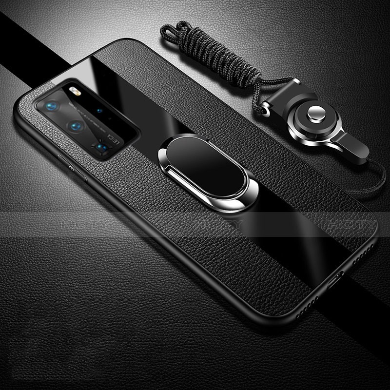 Funda Silicona Goma de Cuero Carcasa con Magnetico Anillo de dedo Soporte T02 para Huawei P40 Pro Negro