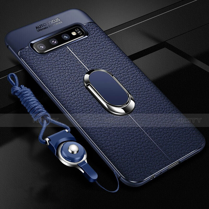 Funda Silicona Goma de Cuero Carcasa con Magnetico Anillo de dedo Soporte T02 para Samsung Galaxy S10 Azul