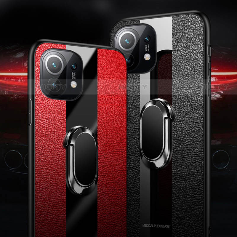 Funda Silicona Goma de Cuero Carcasa con Magnetico Anillo de dedo Soporte T02 para Xiaomi Mi 11 Lite 4G