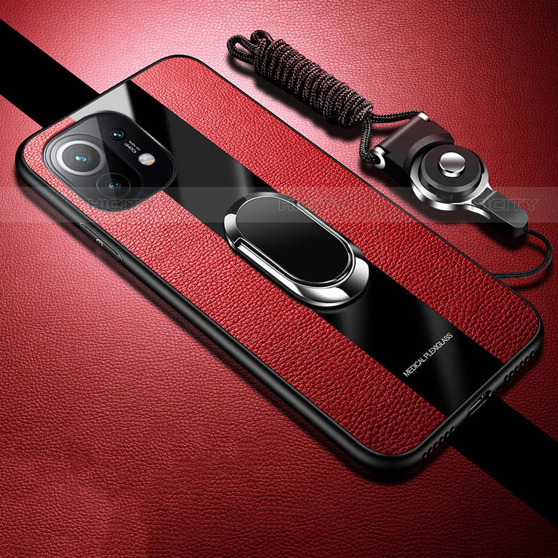 Funda Silicona Goma de Cuero Carcasa con Magnetico Anillo de dedo Soporte T02 para Xiaomi Mi 11 Lite 5G NE Rojo