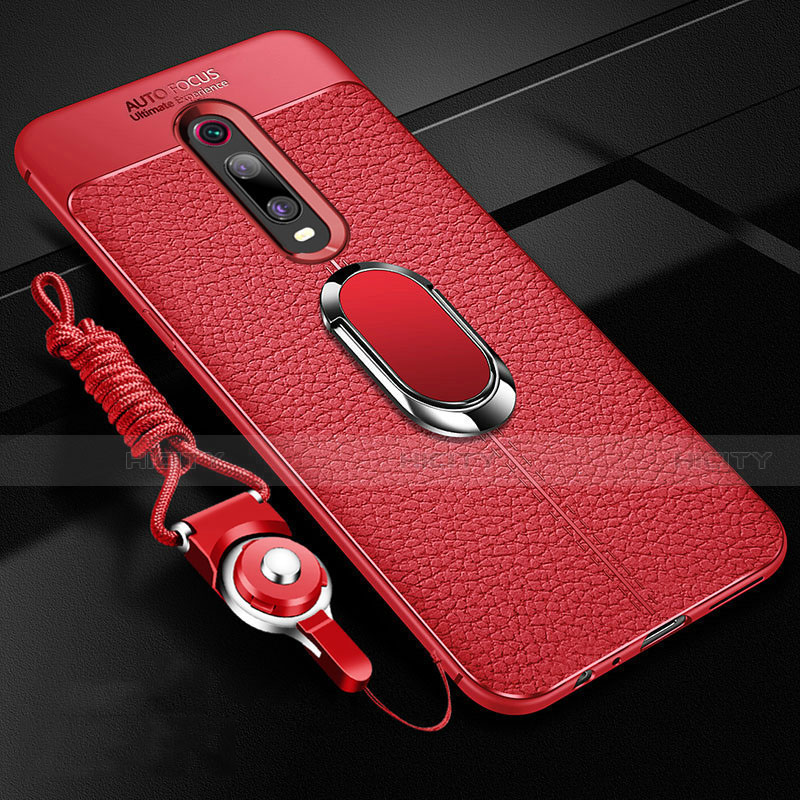 Funda Silicona Goma de Cuero Carcasa con Magnetico Anillo de dedo Soporte T02 para Xiaomi Mi 9T Rojo