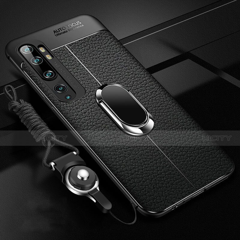 Funda Silicona Goma de Cuero Carcasa con Magnetico Anillo de dedo Soporte T02 para Xiaomi Mi Note 10 Pro Negro