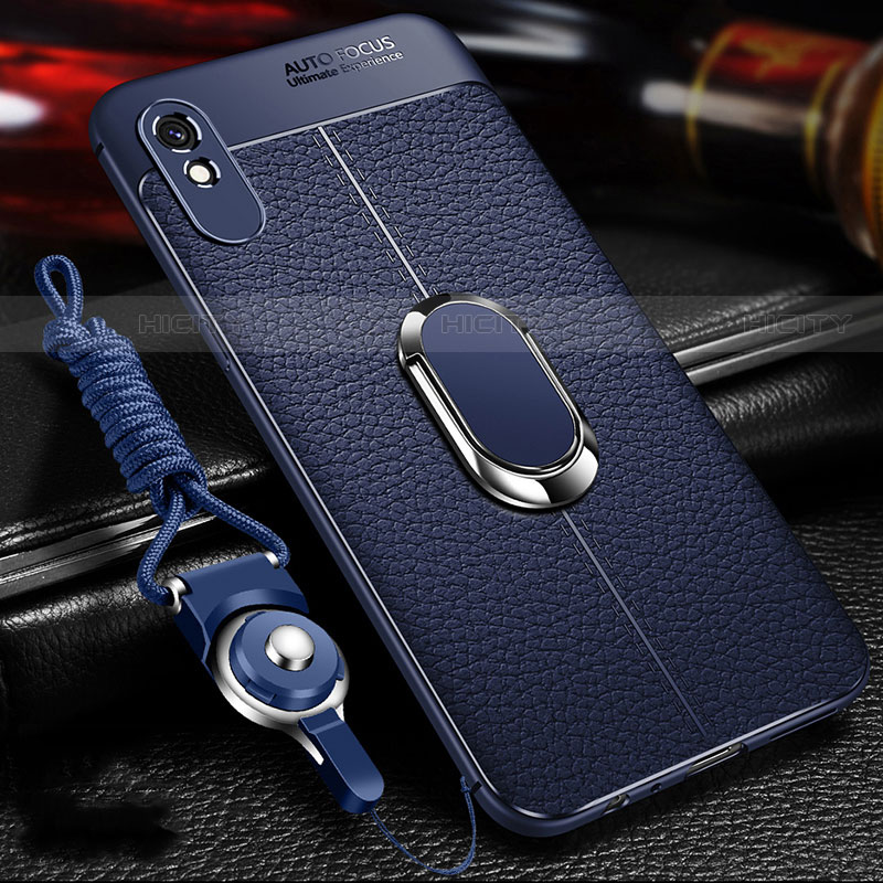 Funda Silicona Goma de Cuero Carcasa con Magnetico Anillo de dedo Soporte T02 para Xiaomi Redmi 9A Azul