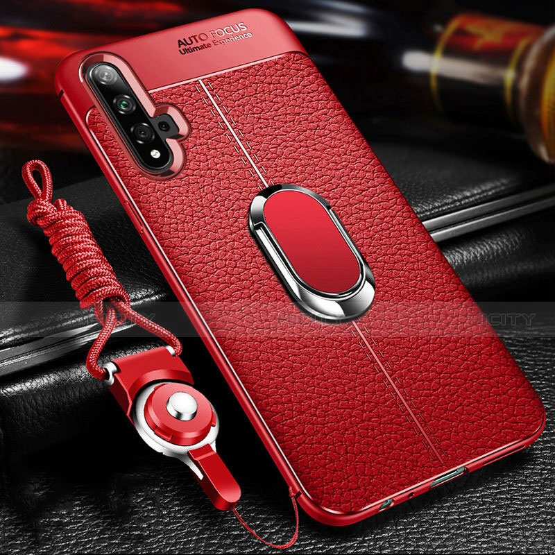 Funda Silicona Goma de Cuero Carcasa con Magnetico Anillo de dedo Soporte T03 para Huawei Nova 5 Rojo