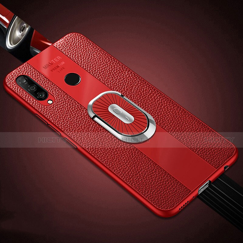 Funda Silicona Goma de Cuero Carcasa con Magnetico Anillo de dedo Soporte T03 para Huawei P30 Lite Rojo