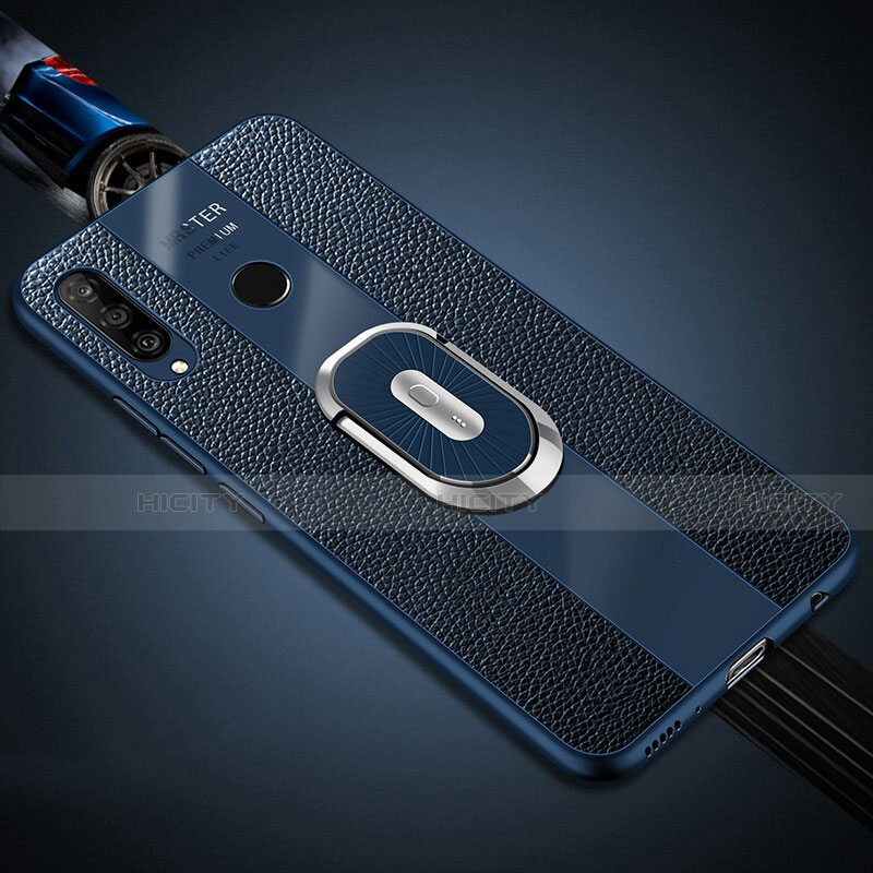 Funda Silicona Goma de Cuero Carcasa con Magnetico Anillo de dedo Soporte T03 para Huawei P30 Lite XL Azul