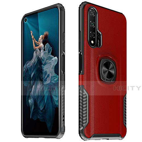 Funda Silicona Goma de Cuero Carcasa con Magnetico Anillo de dedo Soporte T04 para Huawei Honor 20 Pro Rojo