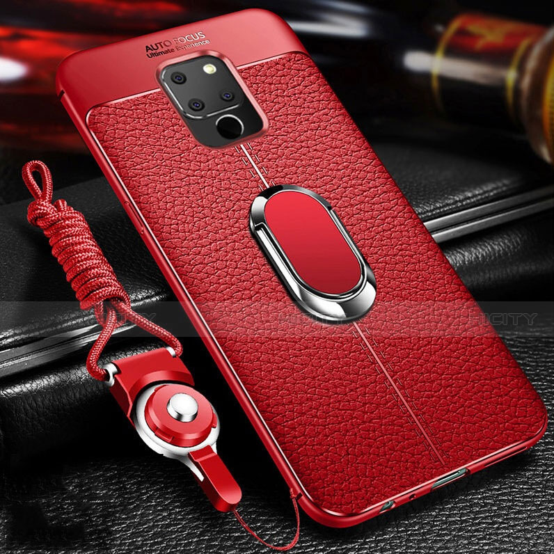 Funda Silicona Goma de Cuero Carcasa con Magnetico Anillo de dedo Soporte T04 para Huawei Mate 20 Rojo