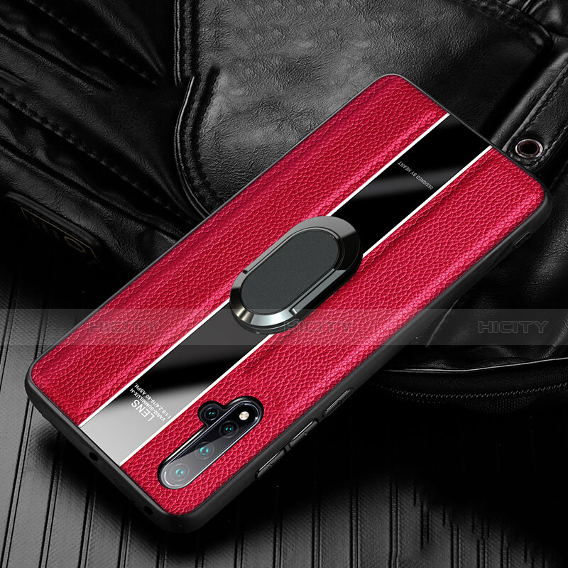 Funda Silicona Goma de Cuero Carcasa con Magnetico Anillo de dedo Soporte T04 para Huawei Nova 5 Rojo