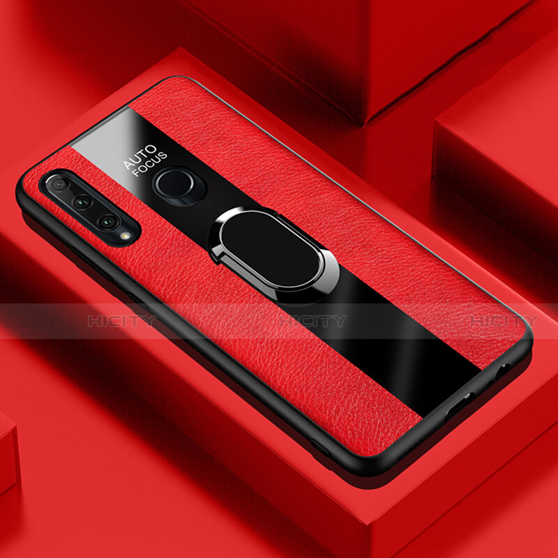 Funda Silicona Goma de Cuero Carcasa con Magnetico Anillo de dedo Soporte T04 para Huawei P Smart+ Plus (2019) Rojo