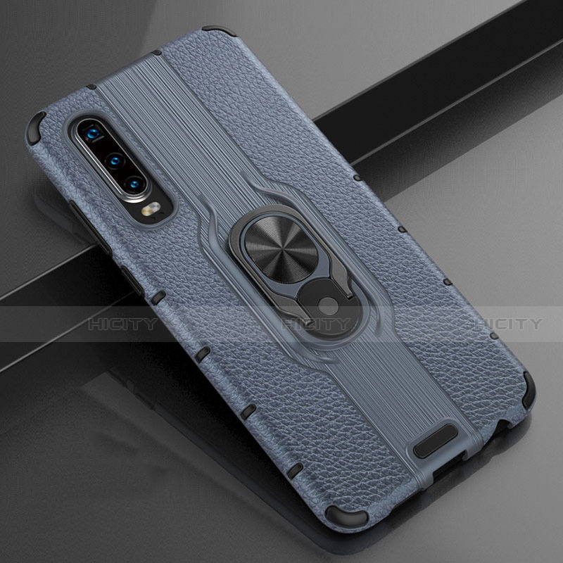 Funda Silicona Goma de Cuero Carcasa con Magnetico Anillo de dedo Soporte T04 para Huawei P30 Azul