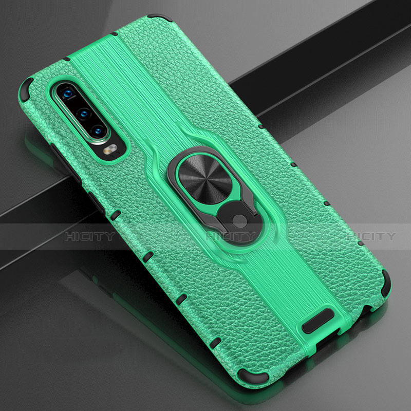 Funda Silicona Goma de Cuero Carcasa con Magnetico Anillo de dedo Soporte T04 para Huawei P30 Verde