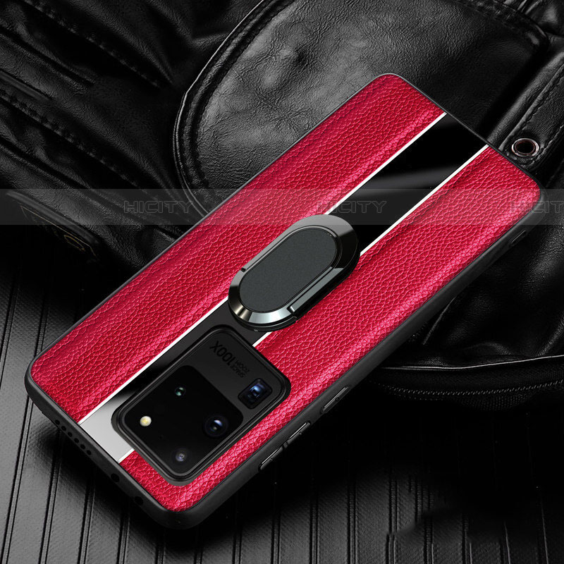 Funda Silicona Goma de Cuero Carcasa con Magnetico Anillo de dedo Soporte T04 para Samsung Galaxy S20 Ultra 5G Rojo