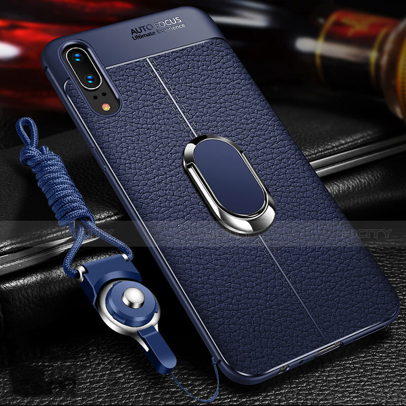 Funda Silicona Goma de Cuero Carcasa con Magnetico Anillo de dedo Soporte T05 para Huawei P20 Azul