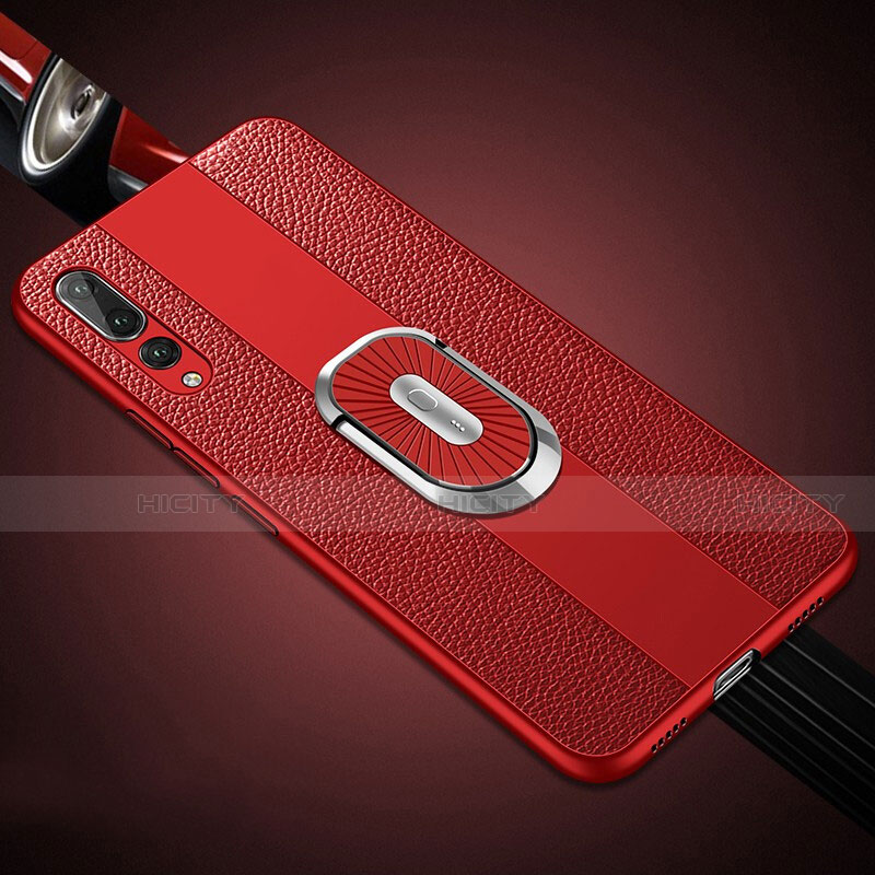 Funda Silicona Goma de Cuero Carcasa con Magnetico Anillo de dedo Soporte T05 para Huawei P20 Pro Rojo