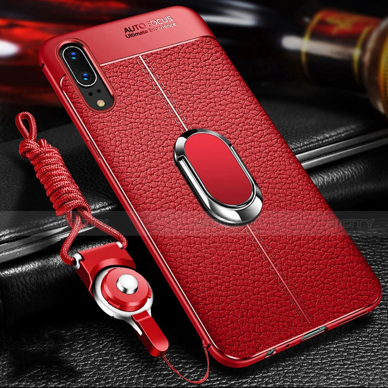 Funda Silicona Goma de Cuero Carcasa con Magnetico Anillo de dedo Soporte T05 para Huawei P20 Rojo