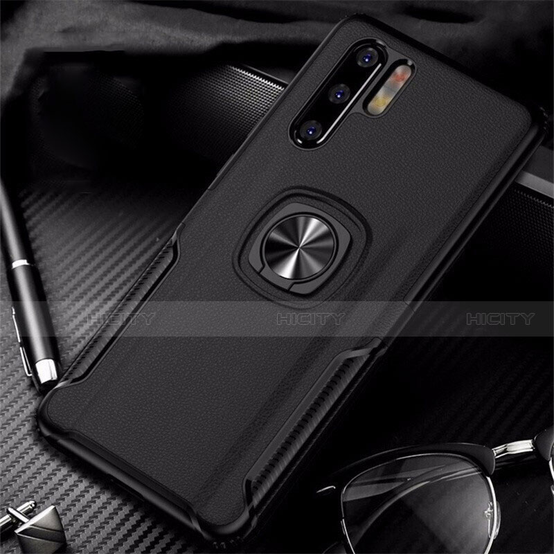 Funda Silicona Goma de Cuero Carcasa con Magnetico Anillo de dedo Soporte T05 para Huawei P30 Pro Negro