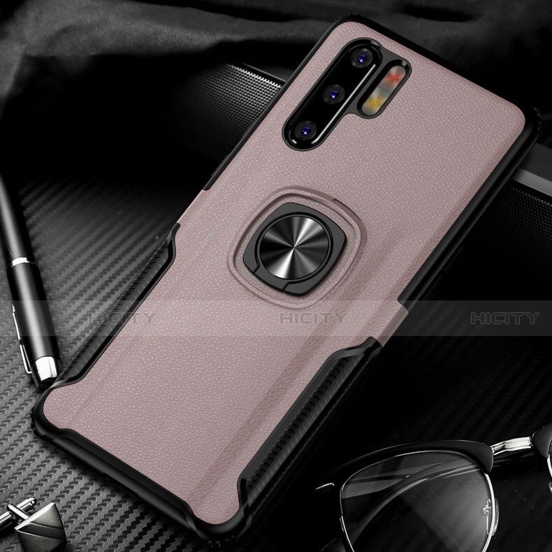 Funda Silicona Goma de Cuero Carcasa con Magnetico Anillo de dedo Soporte T05 para Huawei P30 Pro New Edition Oro Rosa