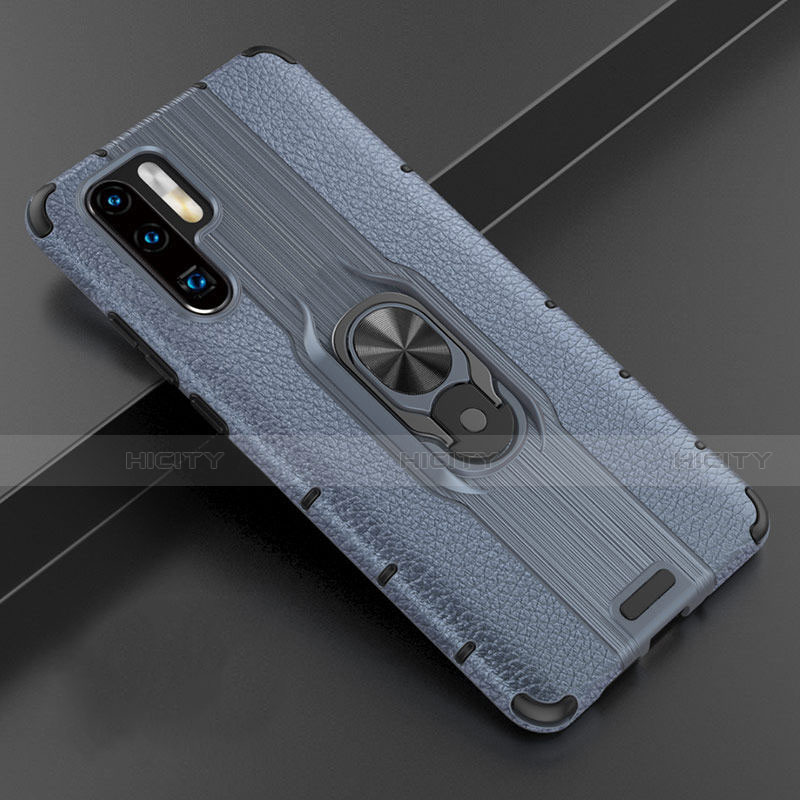 Funda Silicona Goma de Cuero Carcasa con Magnetico Anillo de dedo Soporte T06 para Huawei P30 Pro New Edition Azul