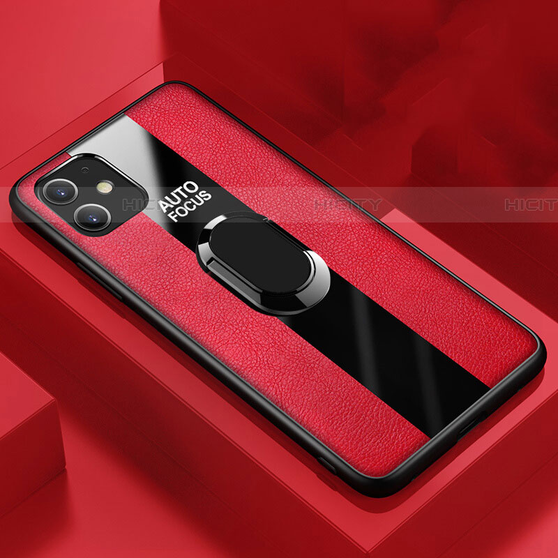 Funda Silicona Goma de Cuero Carcasa con Magnetico Anillo de dedo Soporte Z01 para Apple iPhone 11 Rojo