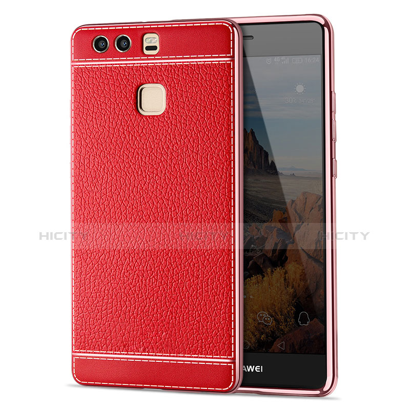 Funda Silicona Goma de Cuero para Huawei P9 Rojo