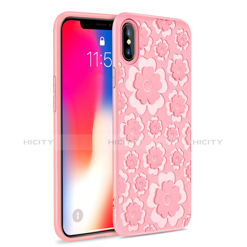 Funda Silicona Goma Flores 3D para Apple iPhone X Rosa