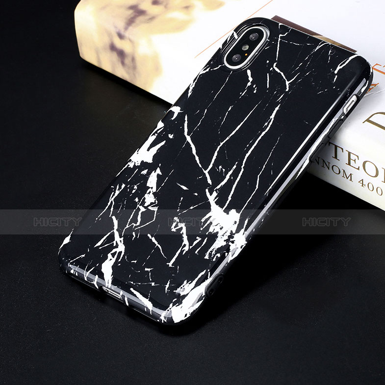 Funda Silicona Goma Patron de Marmol P01 para Apple iPhone Xs Negro