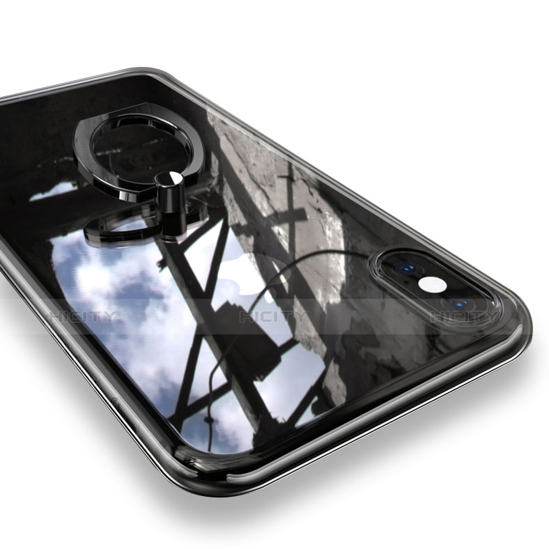 Funda Silicona Ultrafina Carcasa Transparente con Anillo de dedo Soporte V01 para Apple iPhone X Negro