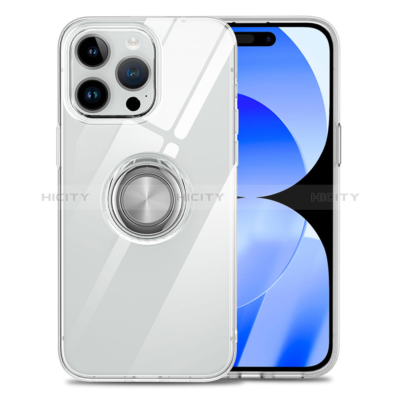 Funda Silicona Ultrafina Carcasa Transparente con Magnetico Anillo de dedo Soporte A01 para Apple iPhone 15 Pro Claro