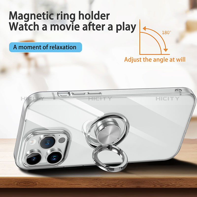 Funda Silicona Ultrafina Carcasa Transparente con Magnetico Anillo de dedo Soporte A01 para Apple iPhone 15 Pro Claro