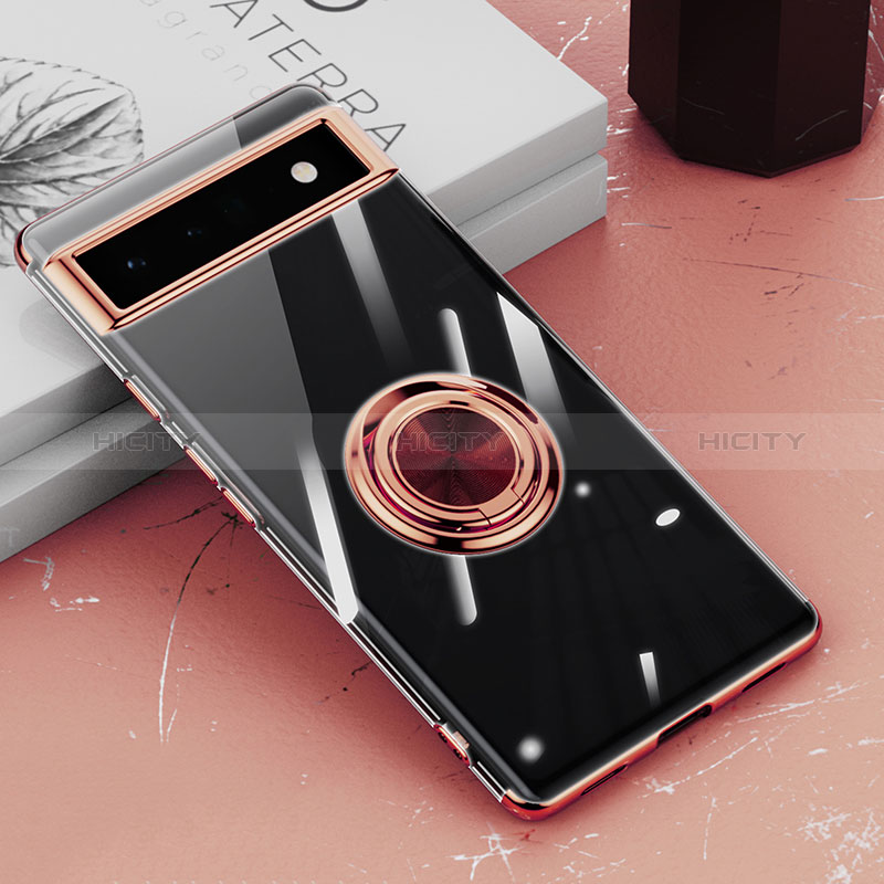 Funda Silicona Ultrafina Carcasa Transparente con Magnetico Anillo de dedo Soporte AN1 para Google Pixel 6a 5G Oro Rosa