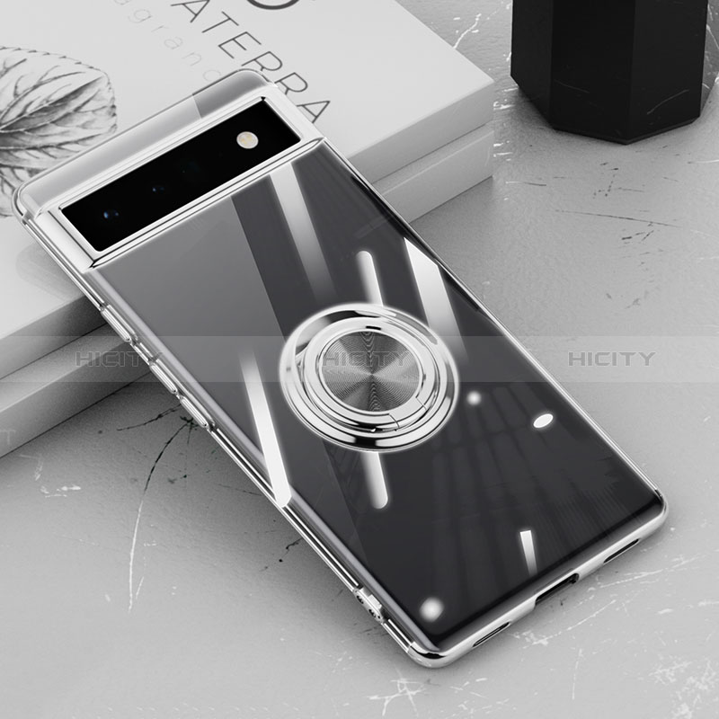 Funda Silicona Ultrafina Carcasa Transparente con Magnetico Anillo de dedo Soporte AN1 para Google Pixel 6a 5G Plata