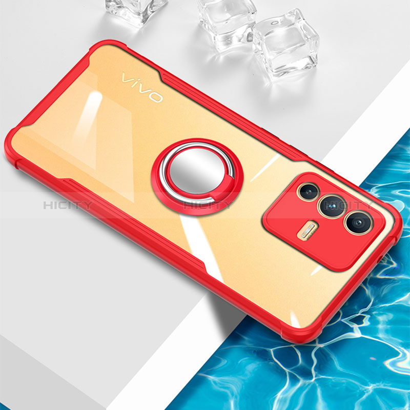 Funda Silicona Ultrafina Carcasa Transparente con Magnetico Anillo de dedo Soporte BH1 para Vivo V23 Pro 5G Rojo