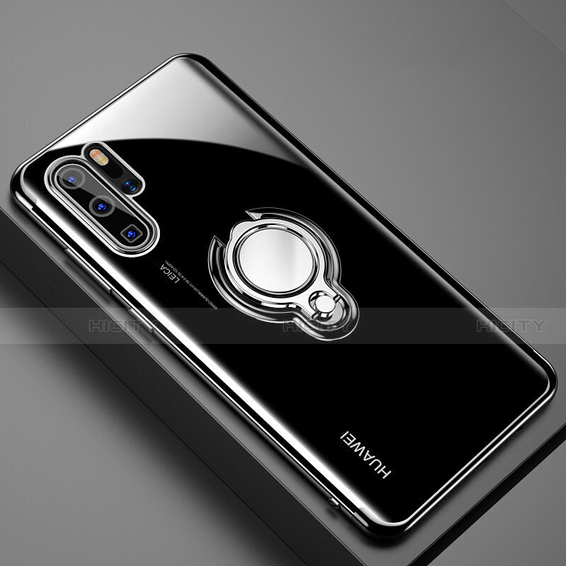 Funda Silicona Ultrafina Carcasa Transparente con Magnetico Anillo de dedo Soporte C01 para Huawei P30 Pro New Edition Negro