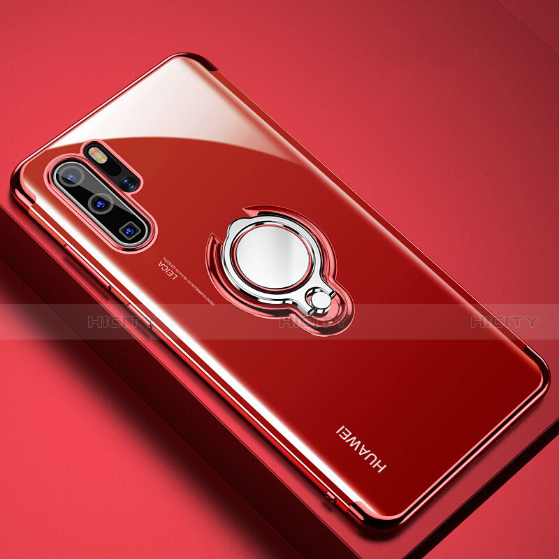 Funda Silicona Ultrafina Carcasa Transparente con Magnetico Anillo de dedo Soporte C01 para Huawei P30 Pro New Edition Rojo