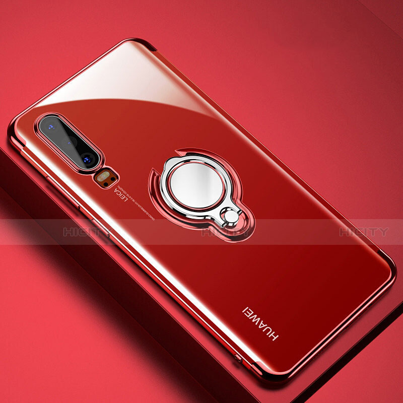 Funda Silicona Ultrafina Carcasa Transparente con Magnetico Anillo de dedo Soporte C01 para Huawei P30 Rojo