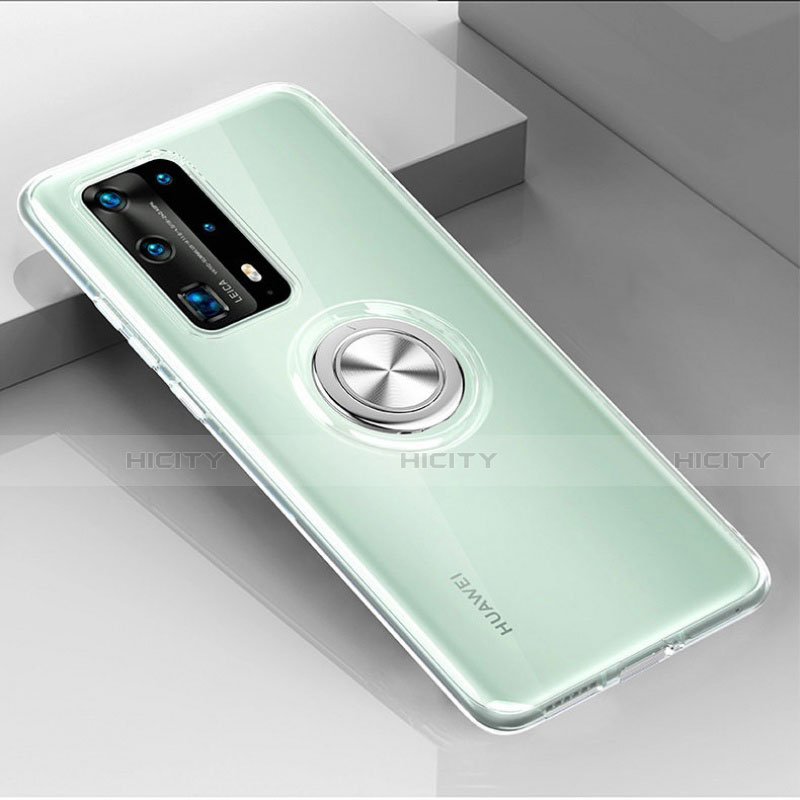 Funda Silicona Ultrafina Carcasa Transparente con Magnetico Anillo de dedo Soporte C01 para Huawei P40 Pro+ Plus