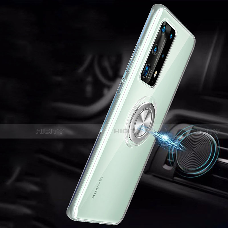 Funda Silicona Ultrafina Carcasa Transparente con Magnetico Anillo de dedo Soporte C01 para Huawei P40 Pro+ Plus