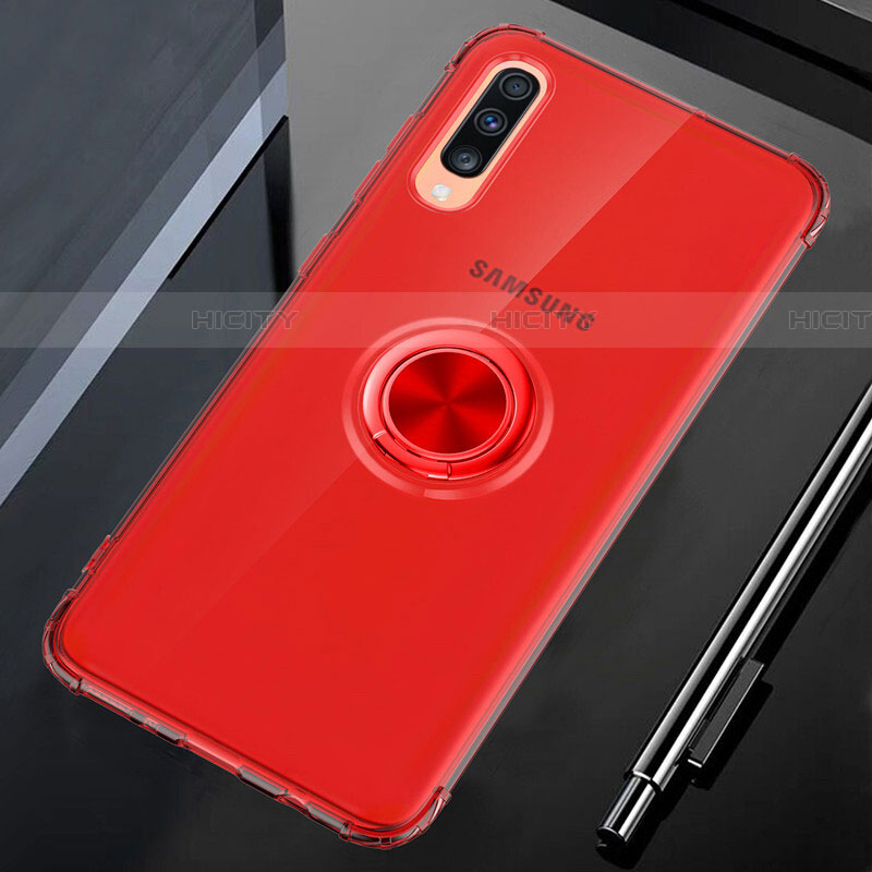 Funda Silicona Ultrafina Carcasa Transparente con Magnetico Anillo de dedo Soporte C01 para Samsung Galaxy A70 Rojo