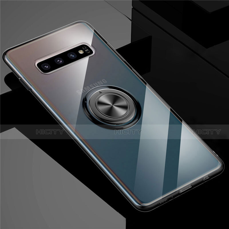 Funda Silicona Ultrafina Carcasa Transparente con Magnetico Anillo de dedo Soporte C01 para Samsung Galaxy S10 Negro