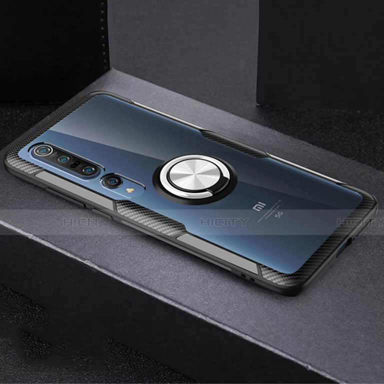 Funda Silicona Ultrafina Carcasa Transparente con Magnetico Anillo de dedo Soporte C01 para Xiaomi Mi 10 Pro Plata y Negro