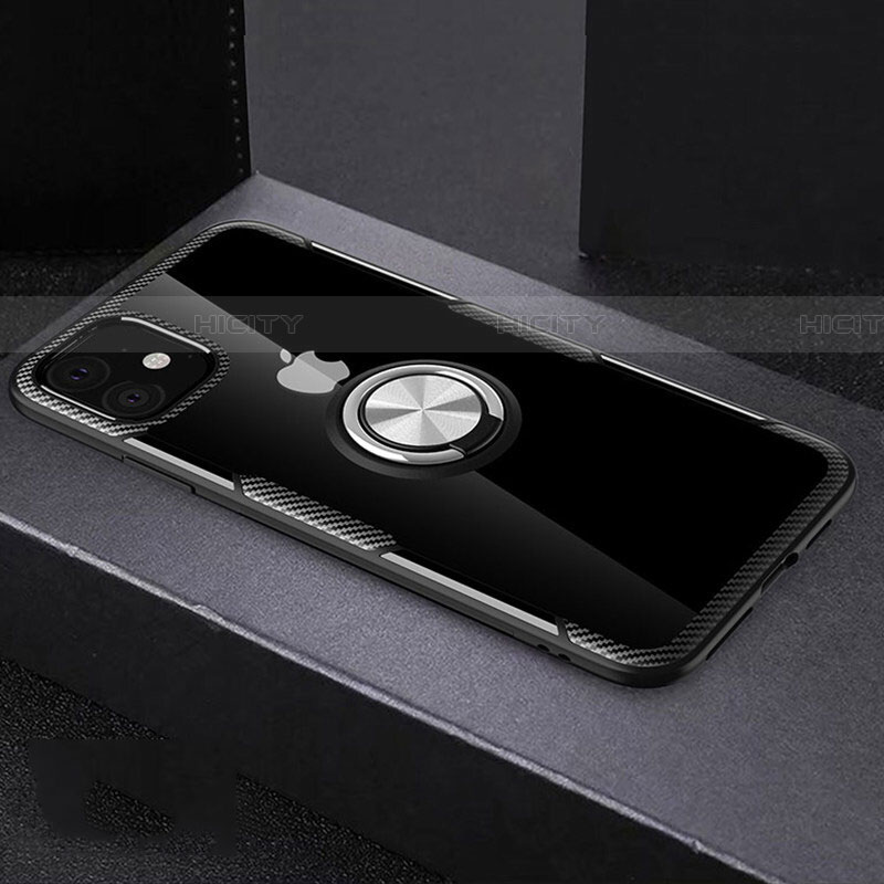 Funda Silicona Ultrafina Carcasa Transparente con Magnetico Anillo de dedo Soporte C02 para Apple iPhone 11 Plata y Negro