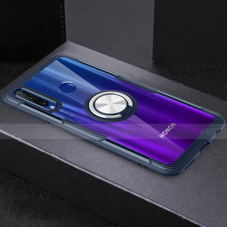 Funda Silicona Ultrafina Carcasa Transparente con Magnetico Anillo de dedo Soporte C02 para Huawei Honor 10i Azul