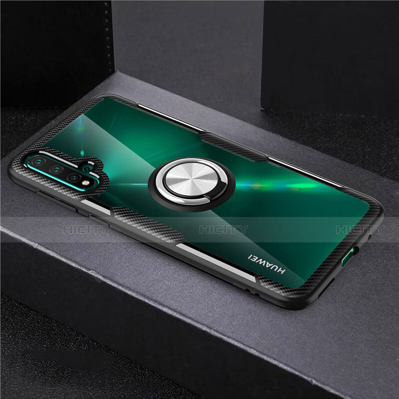 Funda Silicona Ultrafina Carcasa Transparente con Magnetico Anillo de dedo Soporte C02 para Huawei Nova 5 Plata y Negro