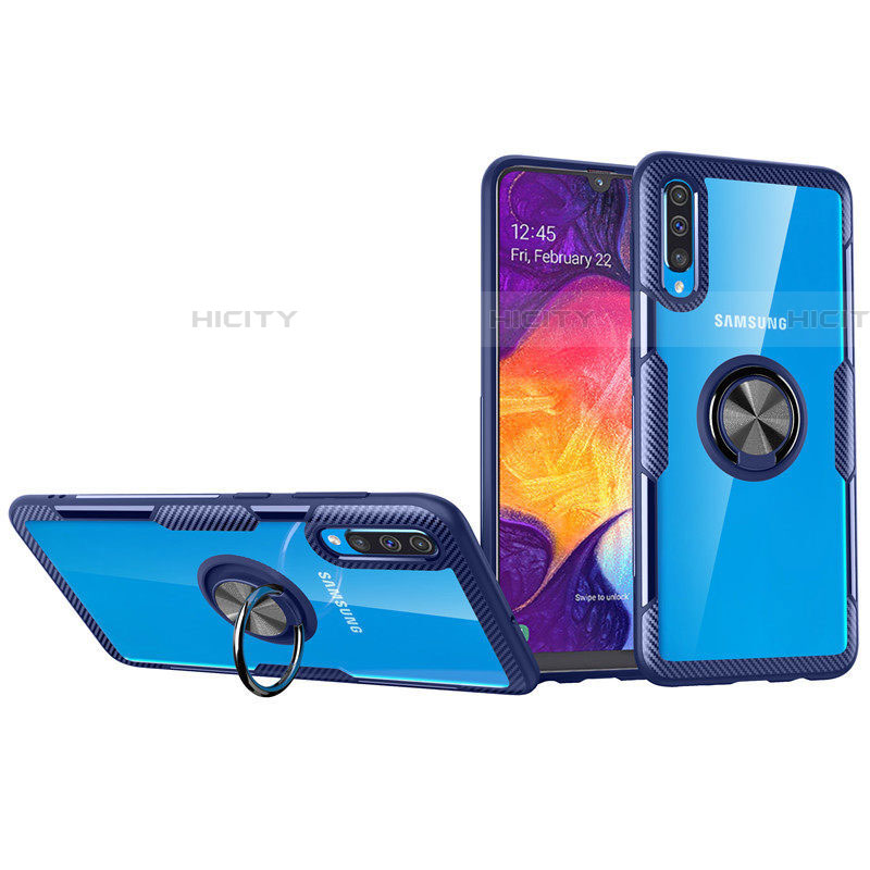 Funda Silicona Ultrafina Carcasa Transparente con Magnetico Anillo de dedo Soporte C02 para Samsung Galaxy A70 Azul