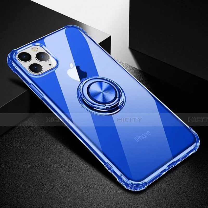 Funda Silicona Ultrafina Carcasa Transparente con Magnetico Anillo de dedo Soporte C03 para Apple iPhone 11 Pro Azul