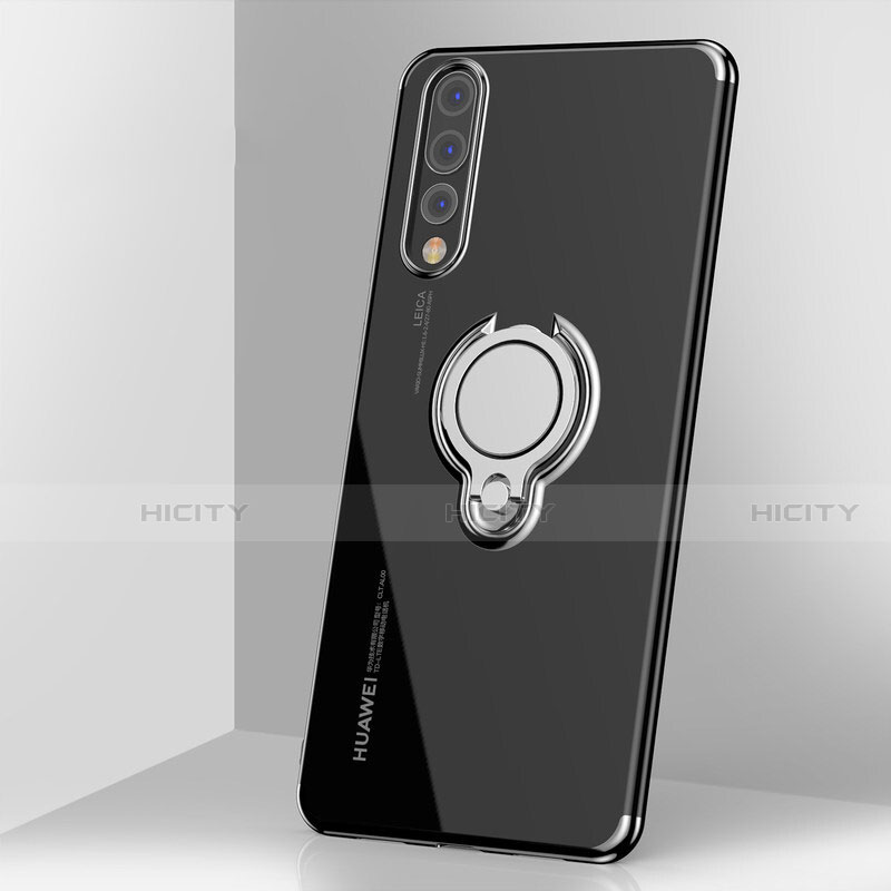 Funda Silicona Ultrafina Carcasa Transparente con Magnetico Anillo de dedo Soporte C03 para Huawei P20 Pro Negro