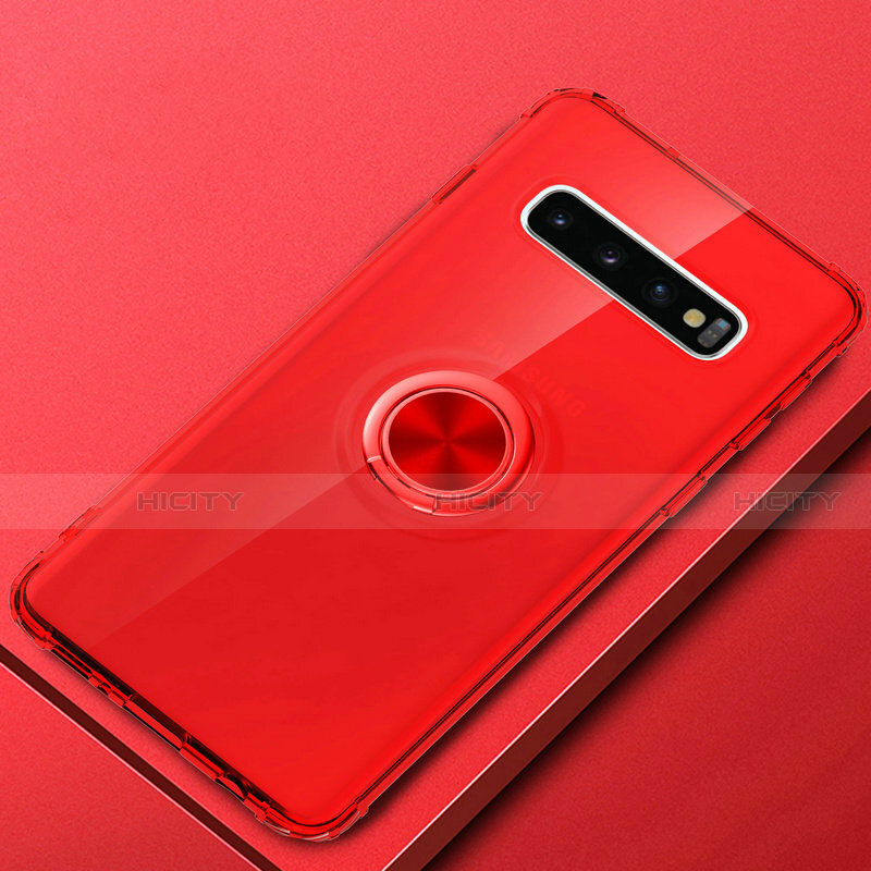 Funda Silicona Ultrafina Carcasa Transparente con Magnetico Anillo de dedo Soporte C03 para Samsung Galaxy S10 Plus Rojo