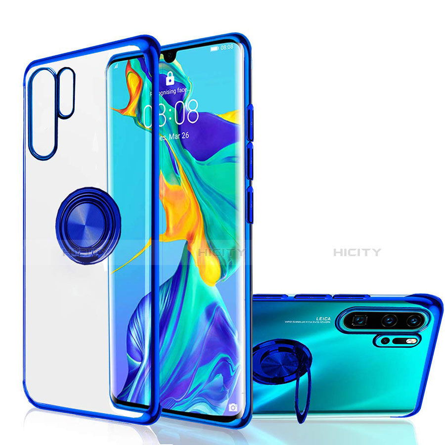 Funda Silicona Ultrafina Carcasa Transparente con Magnetico Anillo de dedo Soporte C04 para Huawei P30 Pro New Edition Azul