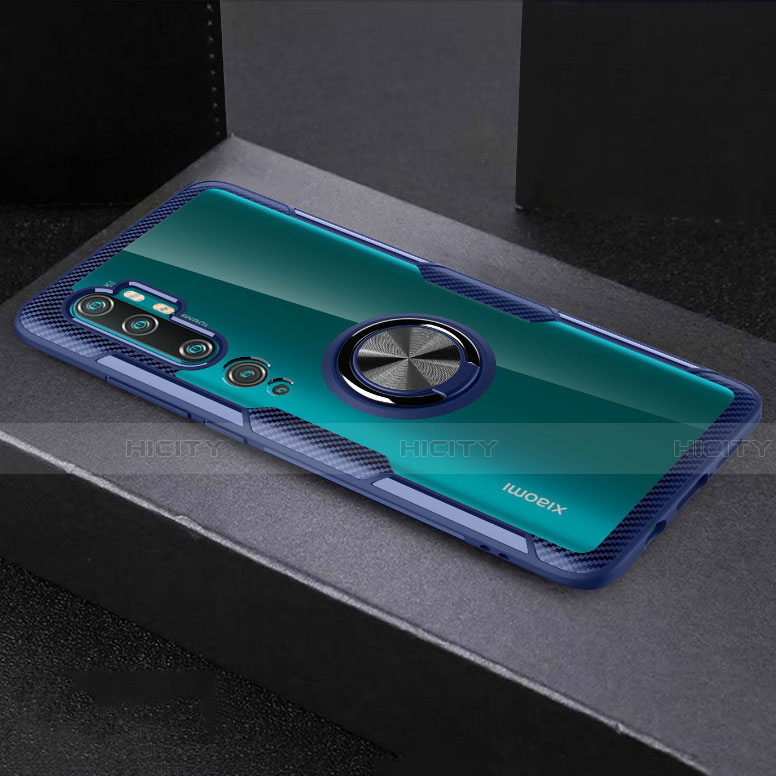 Funda Silicona Ultrafina Carcasa Transparente con Magnetico Anillo de dedo Soporte D01 para Xiaomi Mi Note 10 Azul y Negro